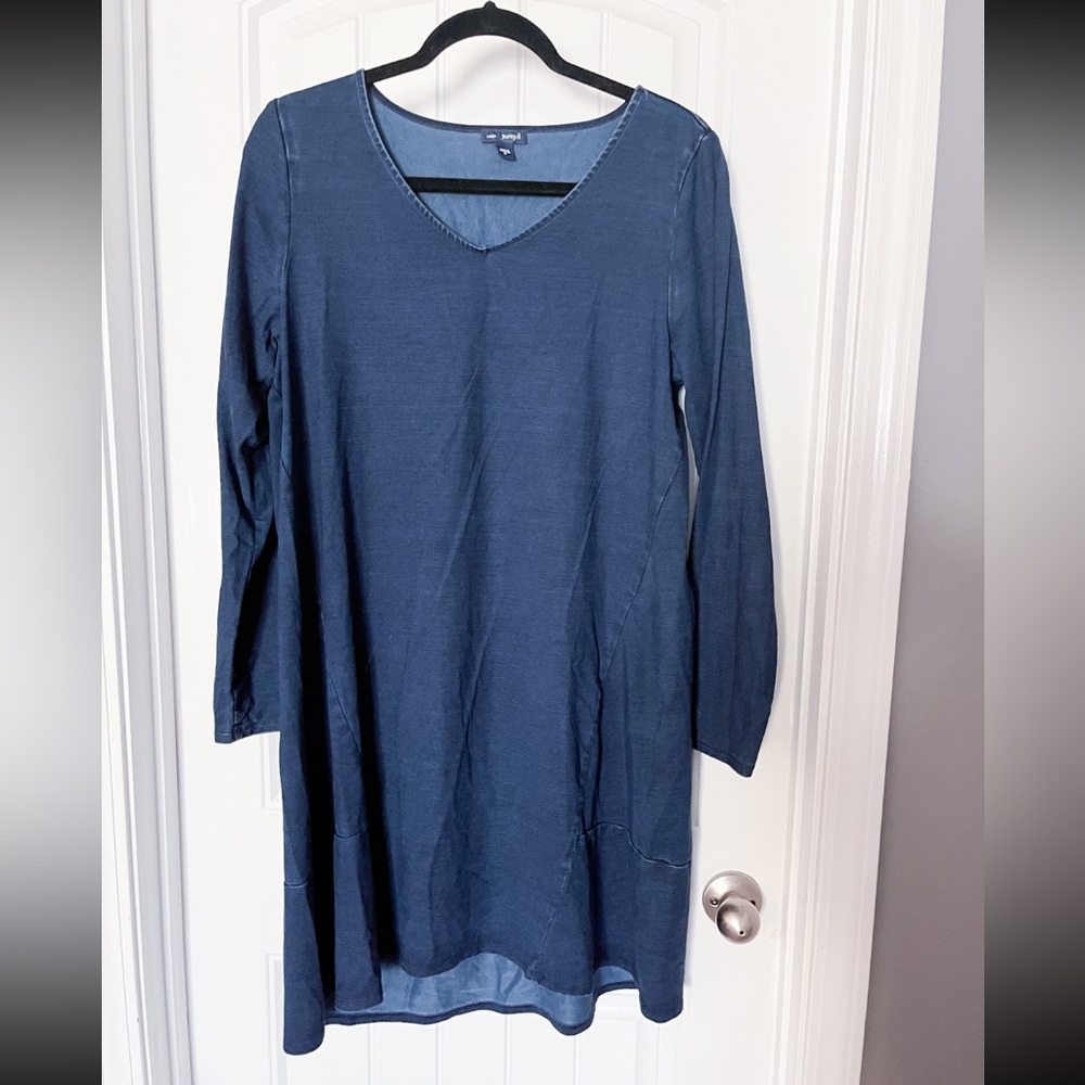 J. JILL Pure Jill Indigo Tunic Dress Trapeze Swing Long Sleeve V Neck Blue Sz M
